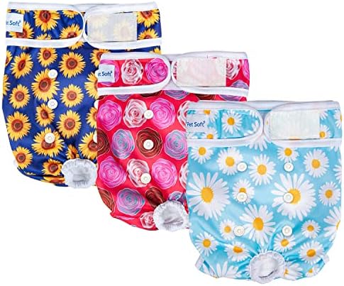 Pet Soft Female Dog Diapers, 3 Pack Washable Dog Diapers for Dogs in Heat, Reusable Dogs Period Panties, Puppy Diapers Female (Flower, L)