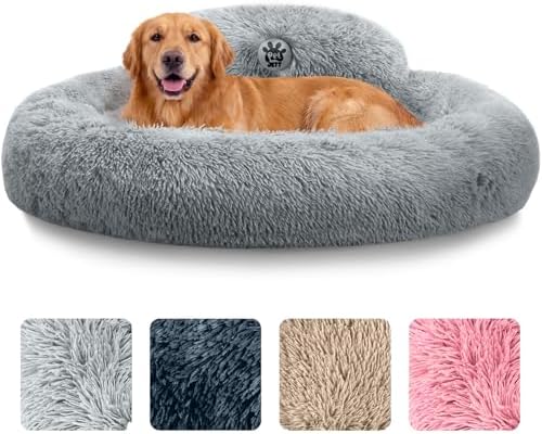 PetJett Dog Beds Large Sized Dog - 36'' Calming Round Bed, Washable Dog Bed - Anti-Slip Super Soft Donut Bed, Fluffy Faux Fur Anti-Anxiety Premium Comfort Pet Bed, Fits Dogs up to 80 lbs - Bright Grey