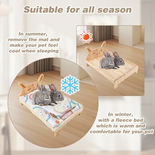 Large Wooden Bunny Bed, 2-in-1 Rabbit Bed with Pillow and Mat