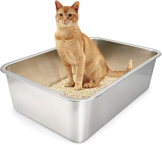 Stainless Steel Cat Litter Box, (19.7" x 13.7" x 6") Metal Litter Box for Kitty and Rabbits, No Odor Left & Non Stick Surface, Rust & Stain Resistant, Easy to Clean