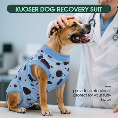 Kuoser Dog Surgery Suit, Soft Dog Spay Recovery Suit Female, Anti Licking Neuter Recovery Suit for Male Dogs, Post-Op Pet Surgical Suit Protective Wear E-Collar & Cone Alternative,Blue Polka Dots 2XL