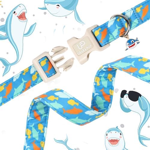 Shark Dog Collar, Summer Cotton Blue Adjustable Pet Collar for Male Dogs, Cute Ocean Pattern Soft Comfortable Durable Buckle with Charm for Boy Dogs