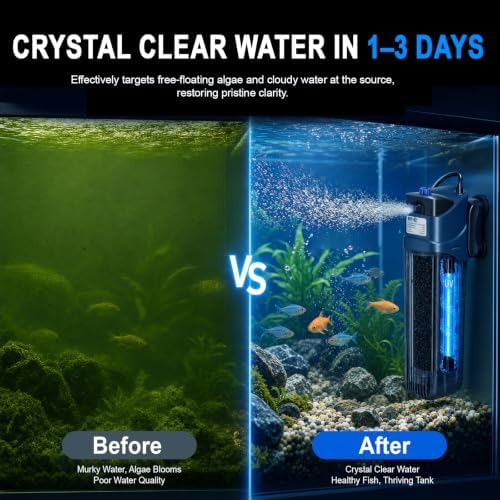coospider-repta 132GPH Fish Tank Filter Aquarium Green Clean Submersible Machine, U-V for Aquarium for 10-60 Gal Tank