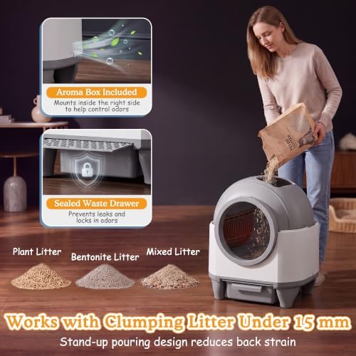 Greesum Enclosed Self-Cleaning Cat Litter Box, 90L XL, App Control, Quiet