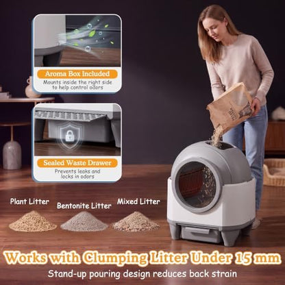 Greesum Enclosed Self-Cleaning Cat Litter Box, 90L XL, App Control, Quiet