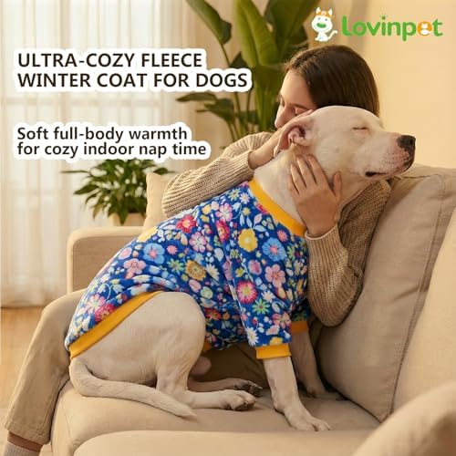 LovinPet Flannel Dog Coat, Winter Dog Coat, Packed Floral Blue, XXL