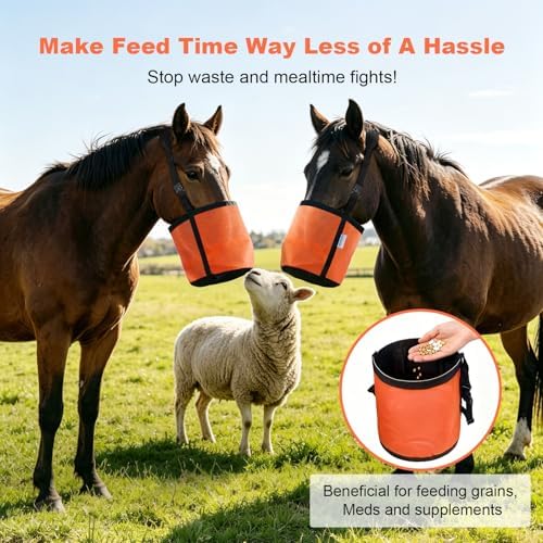 Horse Feed Bag for Grain, Breathable Muzzle Feed Bags for Horses, Universal Mesh Feedbag for Feeding Grain, Anti-Spill Design Feeder, Durable Nose Bag with Solid Bottom (Orange)