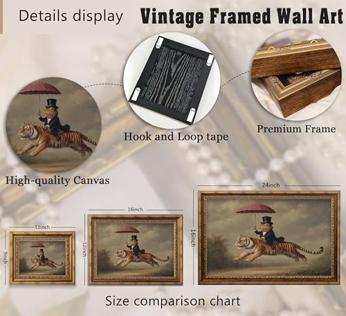 Vintage Gold Framed Whimsical Animal Wall Art, Gentleman Frog Riding Tiger Oli Painting Canvas Print, Antique Quirky Wall Decor, Anthropomorphic Fantasy Picture Poster Artwork for Bedroom Living Room