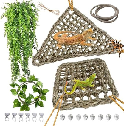 kathson Bearded Dragon Hammock,Lizard Lounger Reptile Tank Hanging Plants Climbing Jungle Vines Flexible Leaves Decorations for Lizards Chameleon Gecko Snakes(5 PCS)