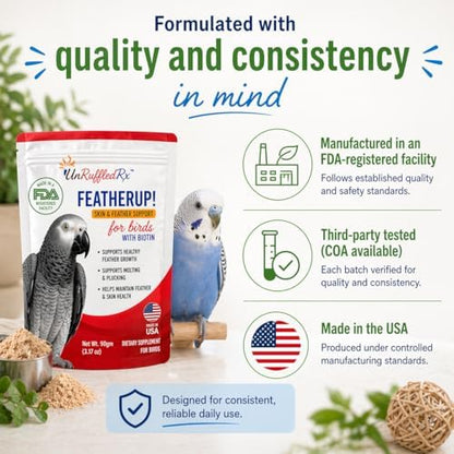 UnRuffledRx FeatherUp! Bird Molting Support & Feather Growth Supplement - for Plucking, Regrowth & Molt - Multivitamin & Amino Acids for All Birds - 90g (240 Servings)