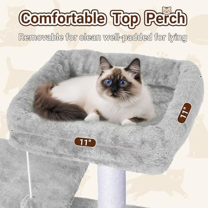 54-Inch Cat Tree Tower with 2 Caves & 2 Pompoms - Multi-Level Tower for Indoor Cats, Soft Plush Condo with Scratching Posts - Sturdy Base for Large Cats (Light Grey01)