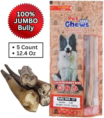 12" Jumbo Bully Sticks (5 Pack) - 70g Average per Stick (350g Total) - 100% Natural Grass-Fed Beef Pizzle, Odor-Free - Long Lasting Chews for Large Dogs & Power Chewers