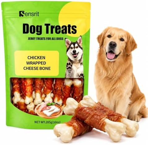 Chicken Wrapped Cheese Bone Dog Treats for All Dogs - 10oz (285g) High Protein Jerky Sticks - Rawhide-Free Calcium Rich Dog Snacks - Healthy Training Rewards & Teeth Cleaning Chews