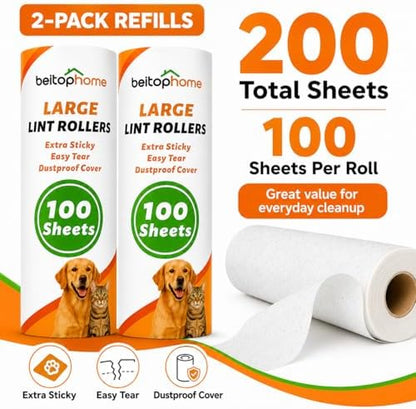 Large Lint Roller Refills, 9.44-Inch Wide, 200 Sheets