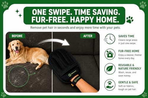 Pet Hair Removal Glove - Removes Cat & Dog Hair from Furniture, Sofa, Carpet, Clothes, Curtains & Pet Beds, Reusable Lint and Fur Remover mitt for Home Cleaning, 1 Pack