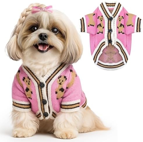 ABRRLO Small Dog Sweaters Cute Bear Dog Cardigans Clothes for Small Medium Dogs Boy Girl Puppy Cat Knitting Cardigan Outfits Dogs Winter Coats Warm Pet Doggy Clothes Soft Knitwear (Pink, Small)