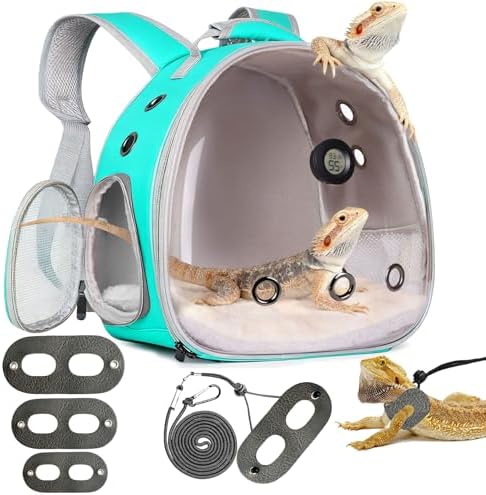 Reptile Travel Backpack Carrier with Reptile Thermometer and Humidity Gauge & Harness Leash Lizard Travel Cage Space Capsule Clear Bubble Window Astronaut Bearded Dragon Bag for Ball Python