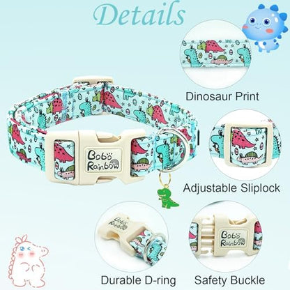 Dog Collar-Blue Pink Dinosaur Print Adjustable Pet Collars Soft Comfortable Puppy Collar Cute Cotton Collars Durable Gift for Medium Dogs