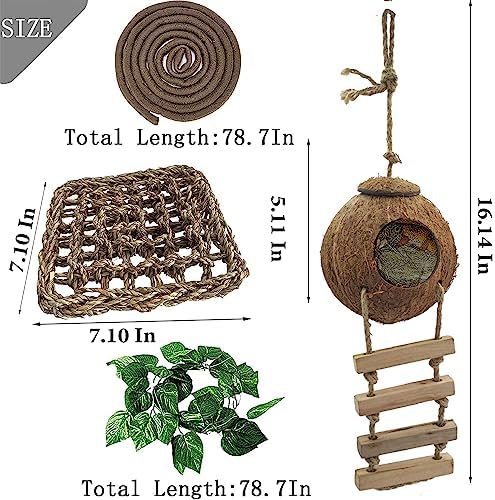 6PCS Crested Gecko Coconut Hut, Lizard Coco Den with Ladder and Reptile Hammock Bearded Dragon Tank Accessories Climbing Hanging Plants Jungle Vine Flexible Reptile Leaves Decor