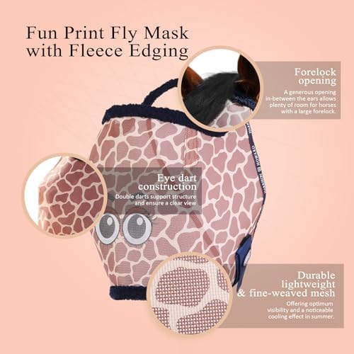 Harrison Howard All Round Mesh Horse Fly Mask UV Protective with Fleece Padded Edging and Fun Prints Forelock Opening Design Mask for Horse Giraffe Medium