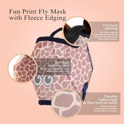 Harrison Howard All Round Mesh Horse Fly Mask UV Protective with Fleece Padded Edging and Fun Prints Forelock Opening Design Mask for Horse Giraffe Medium
