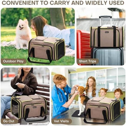 Pet Carrier, Large Soft Sided Expandable Travel Carrier with Steel Frame, Anti-Scratch Mesh, Removable Fleece Pad and Pockets for Cats, Dogs and Small Animals up to 15 lbs (Brown, 4 Sides Expandable)