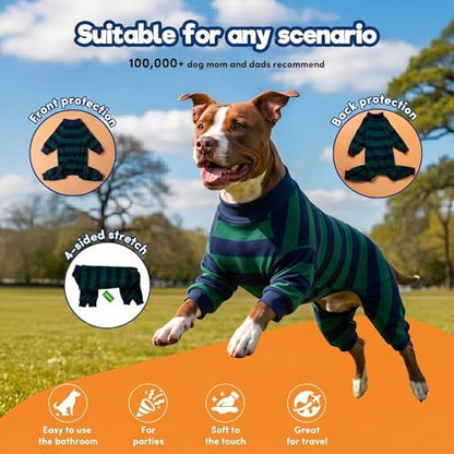 LovinPet Large Dog Pajamas Bodysuit, Green and Black Stripe Print, M
