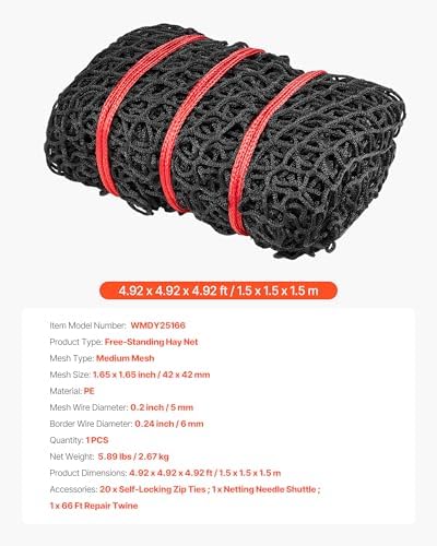 VEVOR Round Bale Hay Net, 4.92 x 4.92 x 4.92 ft, 1.65 inch Holes, PE Material, Knotless Design, with Self-Locking Zip Ties, Needle Shuttle, and Repair Twine, Slow Feeder Round Bale Net for Horses