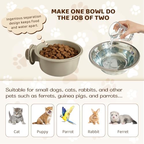 2Pcs Pets Lightweight Stainless Steel Bowl,Removable Stainless Steel Pet Hanging Food Water Feeder Bowl for Puppy Dog Cat Rabbit Ferret Bird Gunea Pigs (Gray-Large)