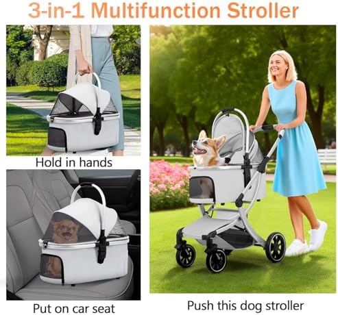 3 in 1 Pet Stroller for Small/Medium Dogs & Cats with Detachable Carrier, Storage Basket and Pet Pad, 4 Wheels Foldable Pet Travel Carrier for Car Seat & Hand Carry, Safe Outings (Grey)