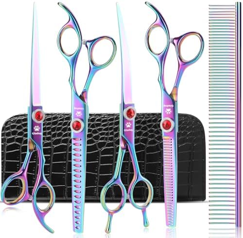 GLADOG Pro Rainbow 7 Inch Professional Pet Grooming Scissors Kit, 6-in-1 Dog Scissors, Titanium Coated, Stainless Steel, Right Handed, 5 Count