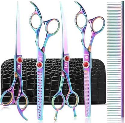 GLADOG Pro Rainbow 7 Inch Professional Pet Grooming Scissors Kit, 6-in-1 Dog Scissors, Titanium Coated, Stainless Steel, Right Handed, 5 Count