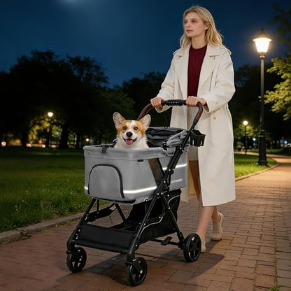 Dog Stroller with No-Zip Buckle Canopy, fits 2 Small Cats or 1 Medium pet,44 lbs Capacity One-Hand Fold,Lockable Front Wheels, Rear Brake