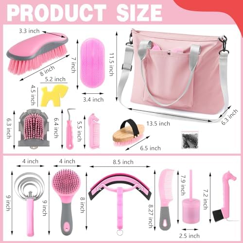Abbylike 15 Pieces Horse Grooming Kit with Organizer Tote Bag Tack Room Supplies Horse Brush Sets Care Equine Cleaning Kit Shedding Grooming Massaging Tools(Pink and Grey)