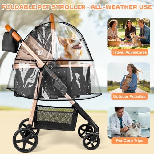Dog Cat Stroller for Small/Medium Pets, 50 lbs, 3-in-1 Pet Stroller, Khaki