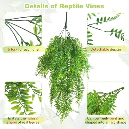 PINVNBY Reptile Plants Hanging Fake Vines Boston Climbing Terrarium Plant with Suction Cup for Bearded Dragons Lizards Geckos Snake Pets Hermit Crab and Tank Habitat Decorations (3 Pack)