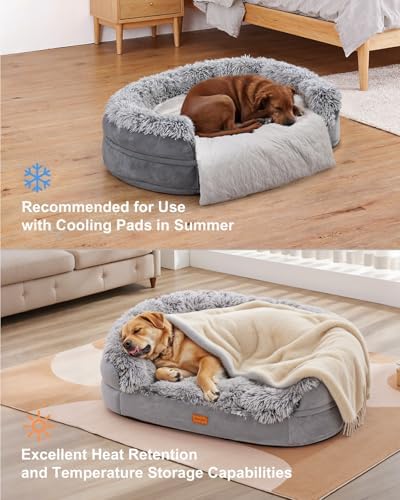 iweepet Fluffy Calming Jumbo Orthopedic Dog Beds for Extra Large Dogs, Supportive Dog Sofa Bed with 3.7 inch 28D Egg-Crate Foam, Removable Washable Plush Cover, Waterproof Lining, 48’’,Grey