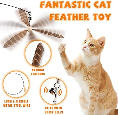 JXFUKAL Cat Wand Toys, Interactive Cat Toys with 3 Feather Refills, 29'' Flexible Steel Wire, Sturdy Wood Handle & Bell for Kitty Kitten, Cat Toys for Indoor Cats Teaser Cat String Toy