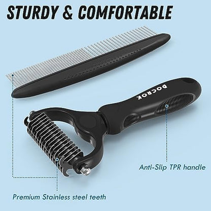 Docrok Pet Grooming Combo: Undercoat Rake, Dematting Deshedding Brush for Long-Haired Dogs and Cats, Black