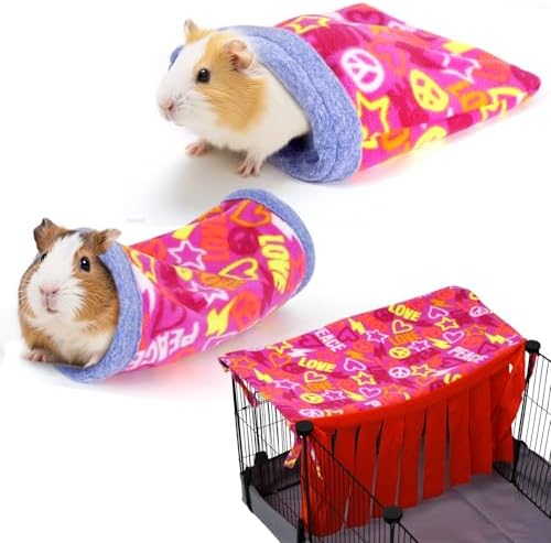 NAPLORD Small Pet Fleece Set,Guinea Pig Snuggle Sack, Tunnel,Fleece Forest Hideout,Square and Round Potty Pads for Guinea Pigs and More