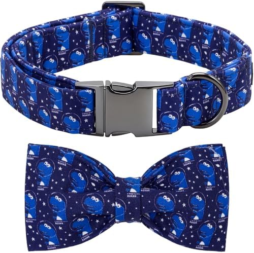 Dog Collars, Summer Blue Dinosaur Pet Collar Adjustable Cotton Boy Dog Collar with Bow Metal Buckle Bowtie Collars for X-Small Dogs