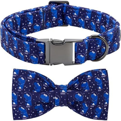 Dog Collars, Summer Blue Dinosaur Pet Collar Adjustable Cotton Boy Dog Collar with Bow Metal Buckle Bowtie Collars for Small Dogs