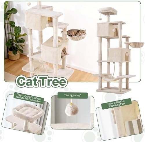Cat Tree for Indoor Cats, 66 Inches Cat Tower with Scratching Post, Multi-Level Climbing Tree Cat House Padded Plush Perch, Cat Condo Activity Center with Pompoms, Kittens Pet Play House, Beige