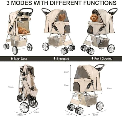 4-Wheel Pet Stroller for Small Dogs and Cats, Up to 33 lb, Gray