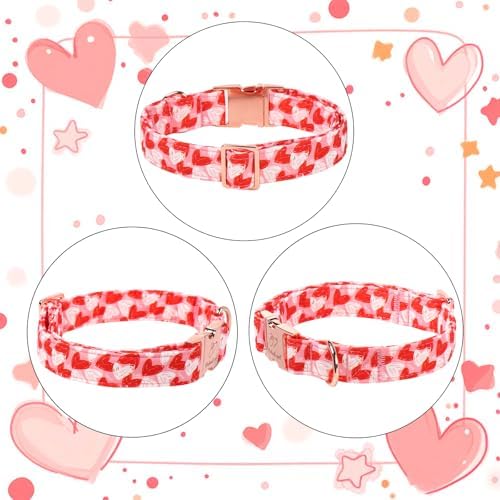 Valentines Dog Collar, Cute Pink Valentine Dog Collars, Doodle Heart Pattern, Adjustable Heavy Duty Pet Collar for Small Medium Large Dogs with Metal Buckle L