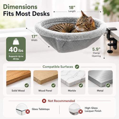 X-Large Cat Desk Bed with Sunken Hammock Design, Soft Faux Rabbit Fur Cover, Removable & Washable, Holds Up to 40lbs – Cozy Desktop Retreat for Cats