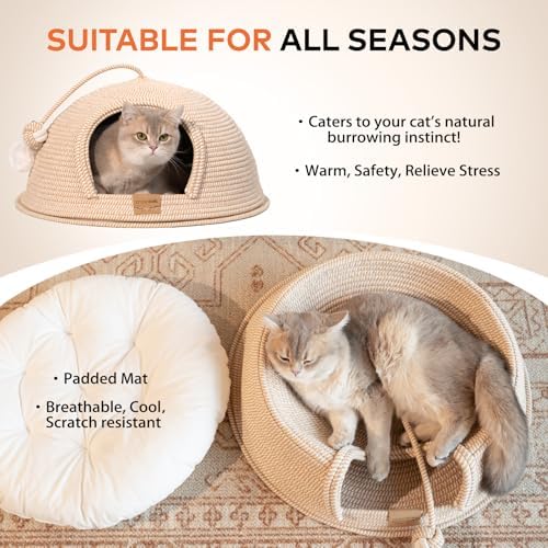 Cat Cave Bed with Washable Cushion and Ball, Handwoven Cotton Rope Cat Basket Bed for Indoor Cats Bed Covered, 3-in-1 Scratching, Playing & Sleeping, All Season Universal(White)