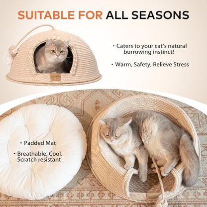 Cat Cave Bed with Washable Cushion and Ball, Handwoven Cotton Rope Cat Basket Bed for Indoor Cats Bed Covered, 3-in-1 Scratching, Playing & Sleeping, All Season Universal(White)