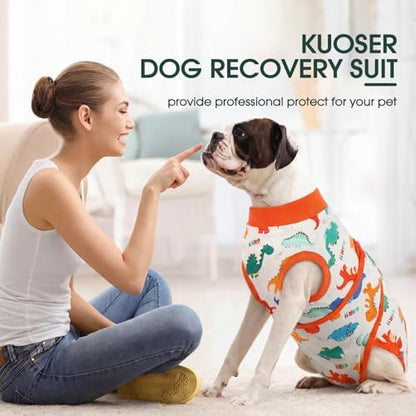 Kuoser Dog Surgery Recovery Suit, Soft Breathable Dog Recovery Suit for Female Spay Male Nueuter, Anti Licking Puppy Onesie Pet Surgical Suit for Dogs Abdominal Wounds Skin Disease, Dinosaur XL