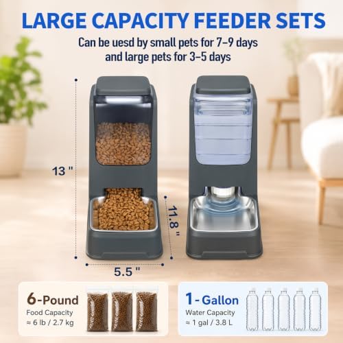 Automatic Cat Feeder and Water Dispenser Set with Dog Stainless Steel Feed Bowl Pet Gravity Self Feeding and Waterer Large Capacity for Small Medium Large Dogs Puppy Kitten 2 Pack